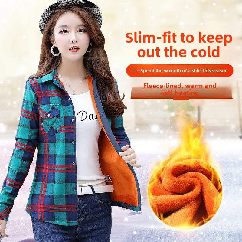 Women's Fleece Lined Long Sleeve Shirt Mid Length Thick Winter Warm Korean Style Elastic plus Size Plaid Patterned Button up