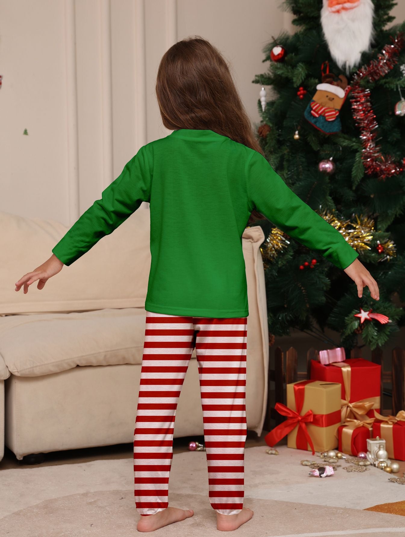 Merry Christmas Kids Matching Pajamas Elf "Happy HoHoHo" Green Top Red White Striped Sleepwear