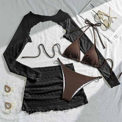 Women Bikini 4 Piece Set Tie Dye/Mesh Lace Long Sleeved Top Skirt Bottom Halter Bikini 2025 New Sexy Slim Beachwear Size S-XL