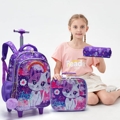 Conjunto de 3 peças Mochila de Rodinhas para Meninas, Linda Mochila Escolar com Rodas de Gatinho de Desenho Animado com Lantejoulas para Alunas do Ensino Fundamental, com Lancheira e Estojo