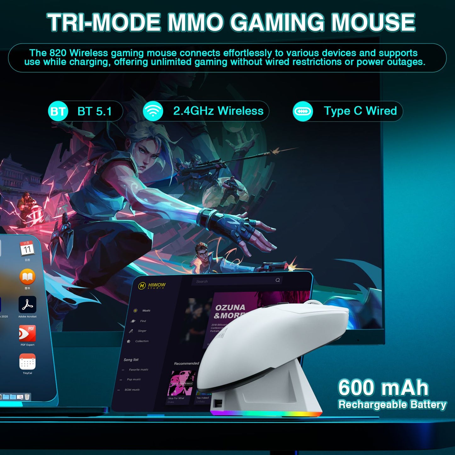 Mouse Gamer Sem Fio Tri-modo SOLAKAKA SM820 com Base Magnética Recarregável RGB PAW3311 24000DPI Macro Leve