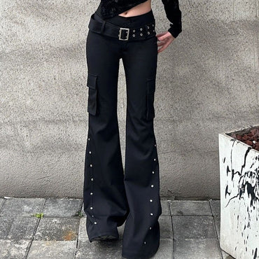 Retro new pure black rivet design belt decorative slim pants for women y2k Harajuku Goth low-waisted flared pants
