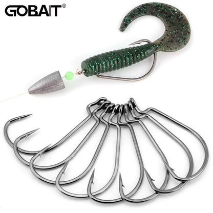 60 unidades/caixa Anzóis de minhoca de boca larga Anzol Jig Texas Rig Anzol para Robalo Aço de Alto Carbono Anzol Offset farpado Equipamento de Pesca Isca Macia