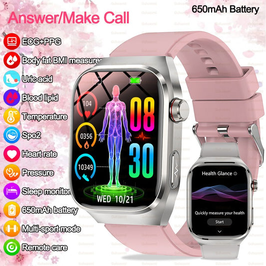 Smartwatch 2025 Novo ECG Chamada BT Feminino Frequência Cardíaca Lipídios Sanguíneos Ácido Úrico Saúde Monitores AI Voz 650mAh Esportivo