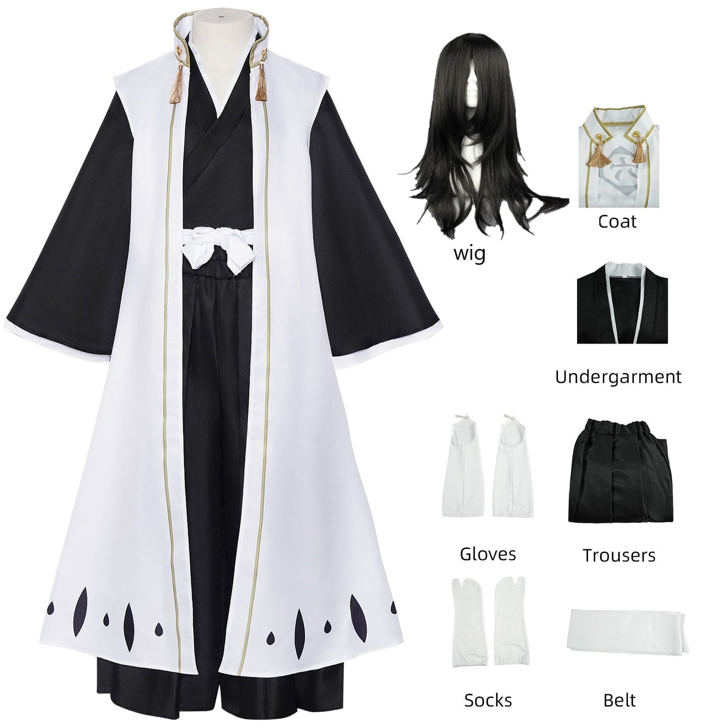 Anime Kuchiki Byakuya Cosplay Costume wig Kimono Gotei 13 Captain White Cloak Combat Uniform Adult Man Halloween Carnival Suit