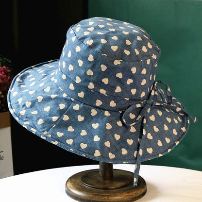 Chapéu feminino de verão, estampa de coração, aba grande para proteção solar, chapéu de sol de algodão e linho à prova de sol, chapéu de pescador dobrável