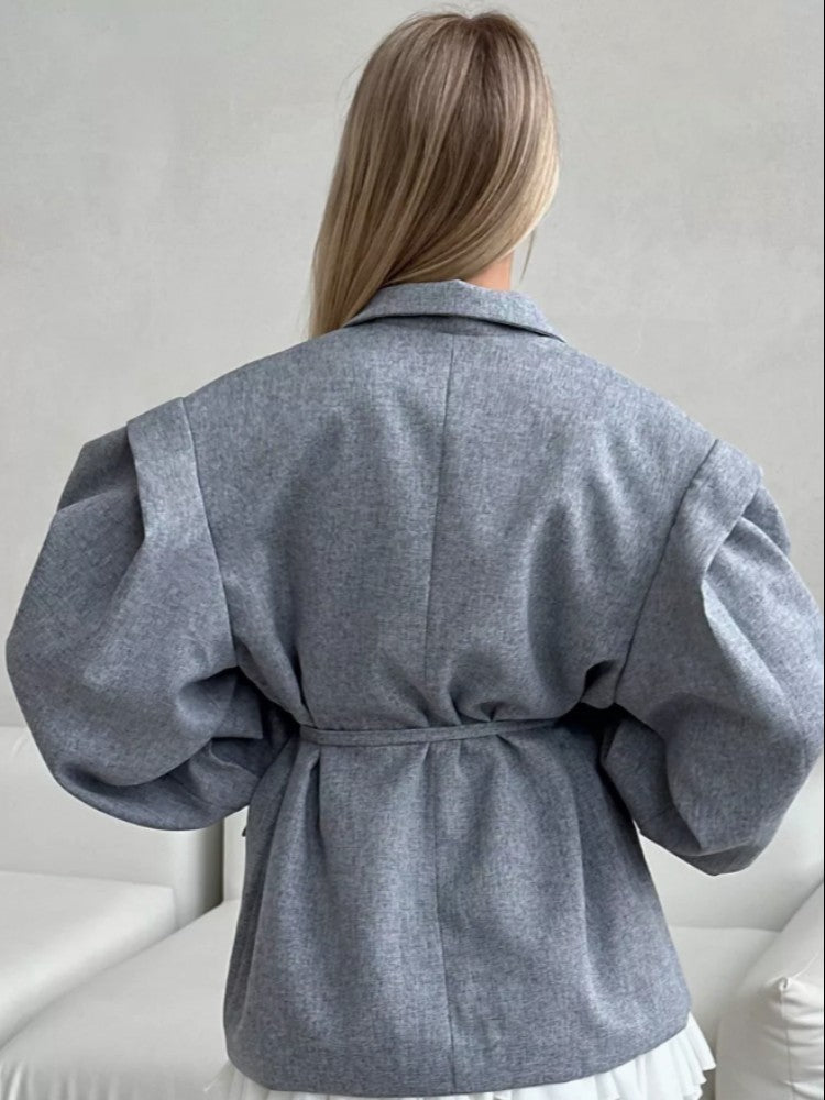 Lace Up Shoulder Pad Blazer Coat Women Elegant Turn-down Collar Long Sleeve Pockets Slim Fit Coats Chic Ladies Commute Outerwear