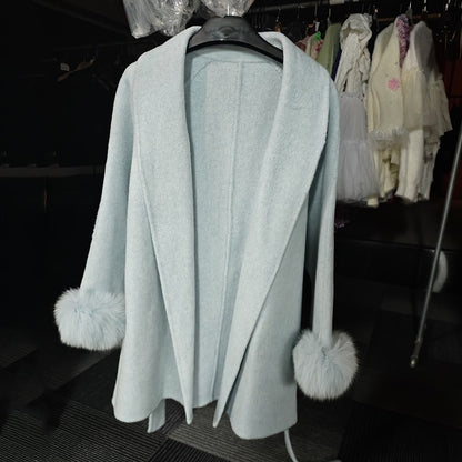 UCXQ Casaco Feminino Elegante OL para Escritório com Retalhos de Pelo Manga Comprida Lã Jaqueta de Roupa Feminina Bonita Outono Inverno 2025