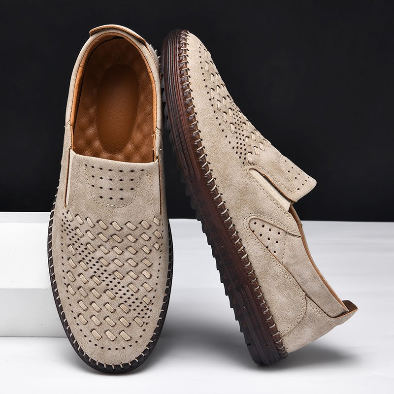 New 2024 Handmade Leather Men Shoes Design Fashion Sneakers Slip On Loafers Summer Mesh Breathable Casual Shoes Men Driving Flat