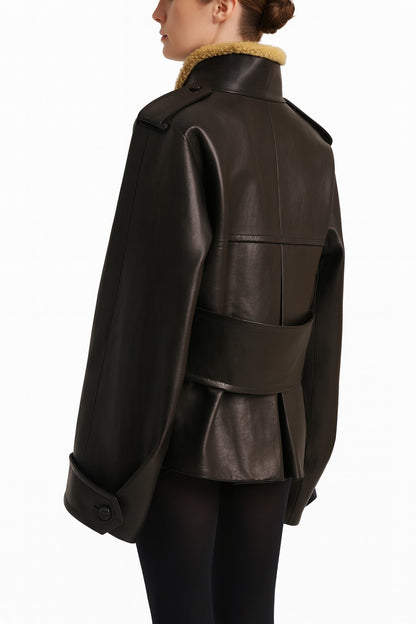 The 2026 new women's leather jacket with a long black collar and lambskin design is of high quality