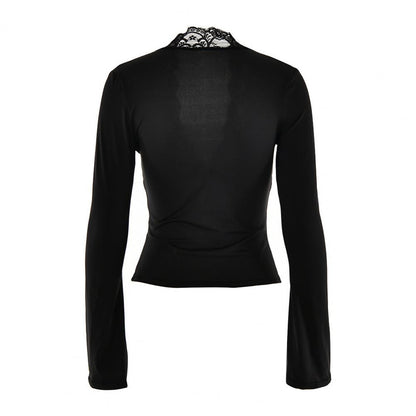 Women's Blouses Sexy Lace Deep V Neck Long Bell Sleeves Top Slim Fit Low Cut Sheer Mesh Shirt For Spring Fall Women's Clothing