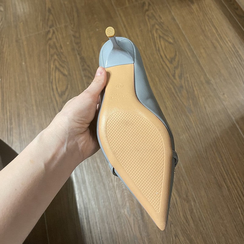 Women 7cm High Heels Pumps Lady Scarpins Fetish Nightclub Blue Nude Low Heels Wedding Party Metal Chain Buckle Fetish Prom Shoes