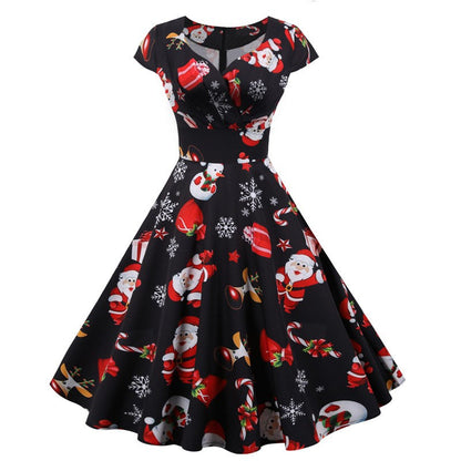 Fashion V-neck Short Sleeve Printed Christmas Dress Large Swing Vintage Elegant Xmas Party Dress