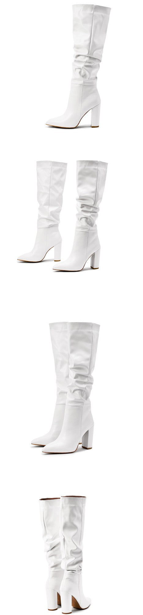 Fashion Pleated Women Knee High Boots Sexy Pointed Toe Square Heels Ladies Long Female White Black Shoes size 35-42