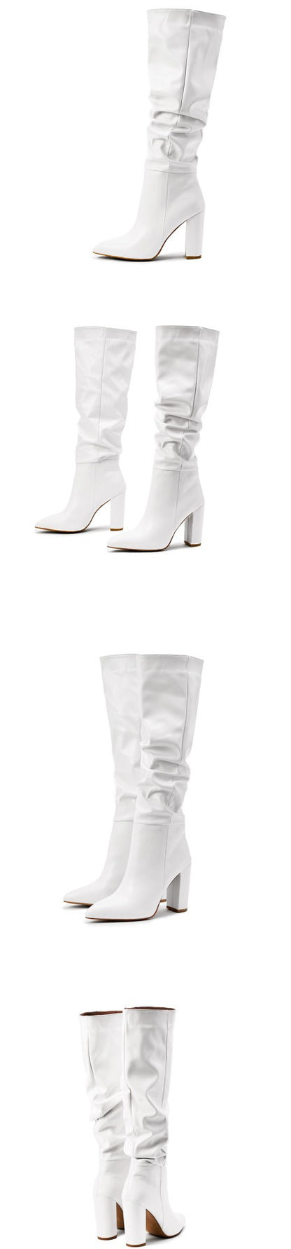 Fashion Pleated Women Knee High Boots Sexy Pointed Toe Square Heels Ladies Long Female White Black Shoes size 35-42