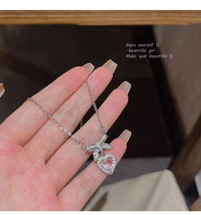Colar coreano com pingente de laço de coração de cristal rosa, corrente prateada, para mulheres, joias estéticas para casamento