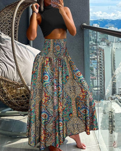 Plus Size European and American Cross-border Summer New Fashion Print High Waist Slim Skirt