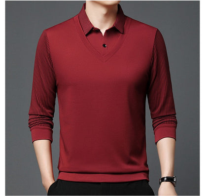 Fashion Fake Two-piece Men Long Sleeve Shirt Stripe Splice Lapel Loose Casual Pullover Tops 2025 Male Formal Business Polo Shirt