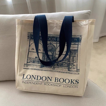 Canvas Women Handbags Shoulder Underarm Bag London Books Print Handbag Large Capacity Ladies Shopping Tote Bag Student Book Bags