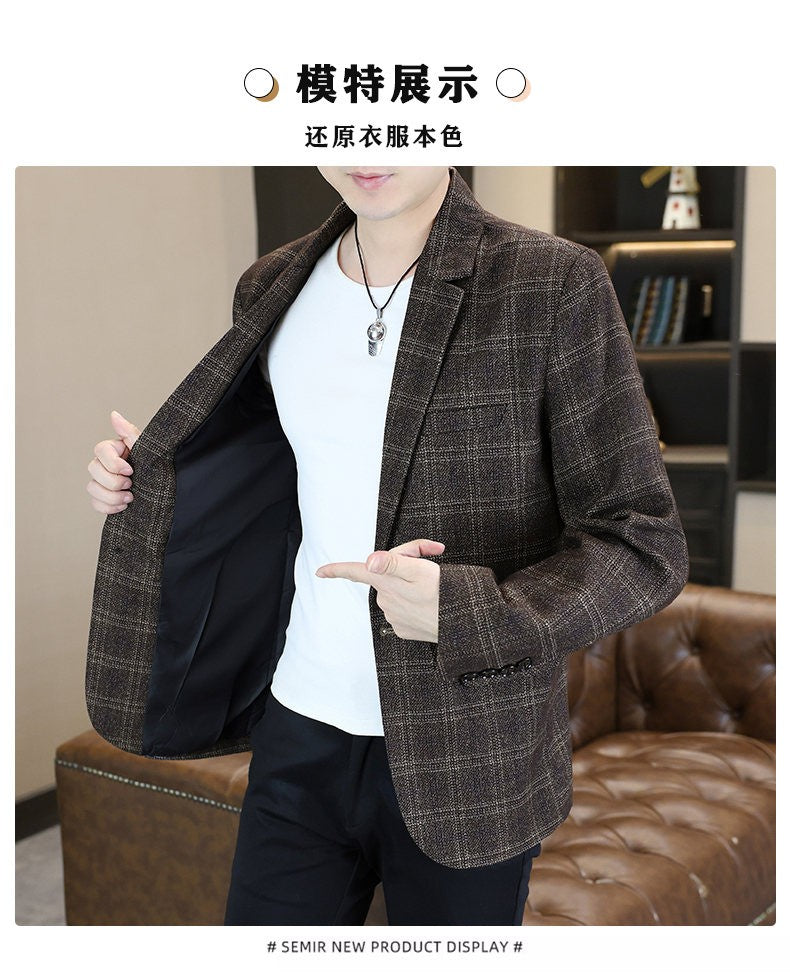 Blazer's New Men's Fashion Outdoor Travel Camping Youth Wedding Hosting Campus Slimming Casual Checkered Korean Version Blazer