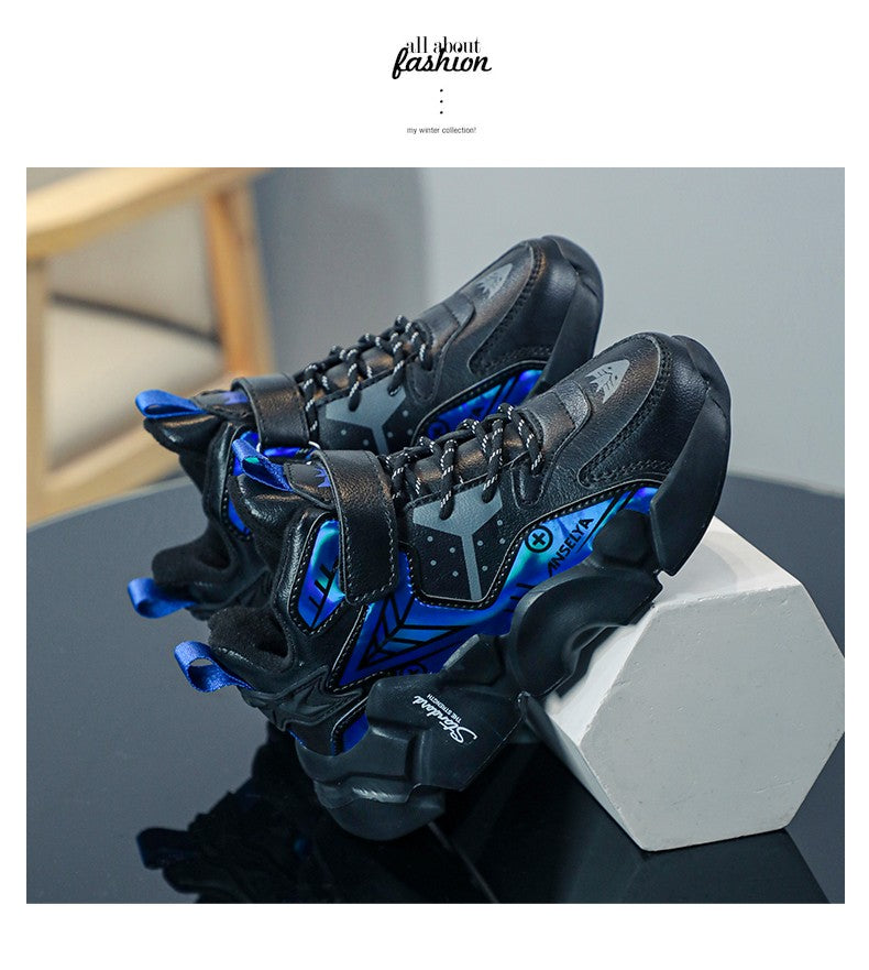 Winter Children's Fashion Sports Shoes Leather Boys' Running Sneakers Flat Casual Walking Shoes Warm Lightweight Outdoor Boots