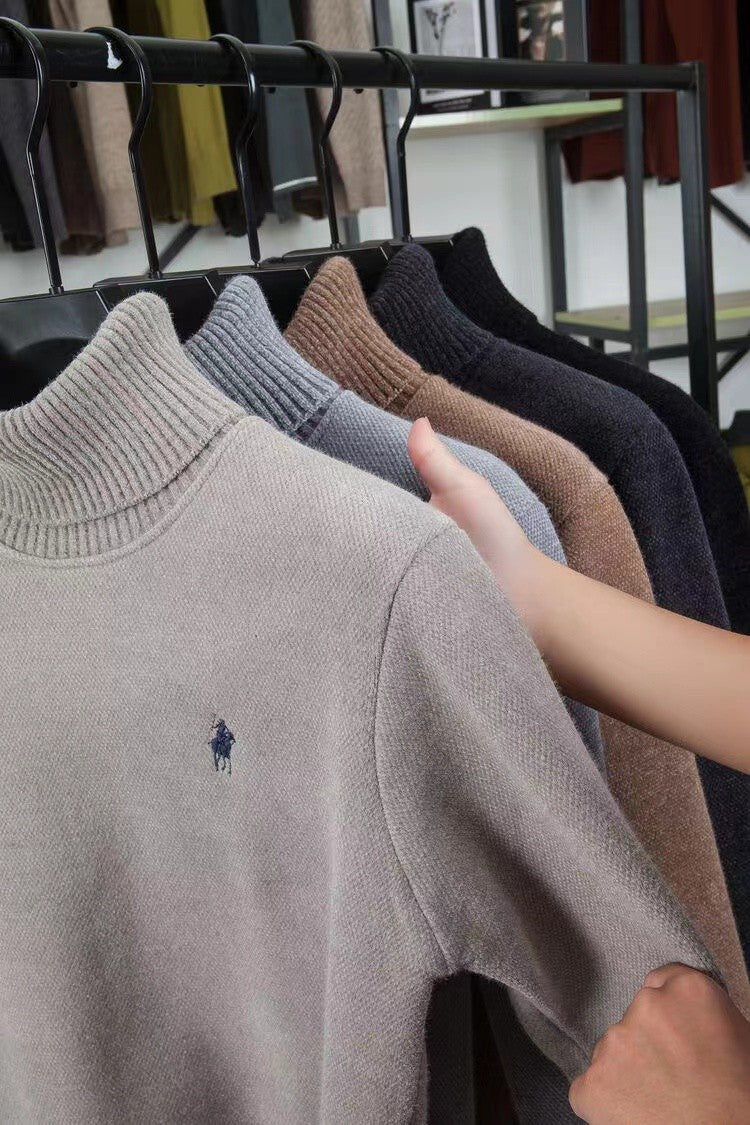 High end brand velvet sweater men's new fashion designer exquisite pony embroidery winter thick warm high neck knitted pullover
