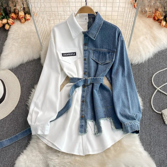 Slimming Denim Patchwork Lapel Dress Autumn Waist-fitted Medium-length Shirt