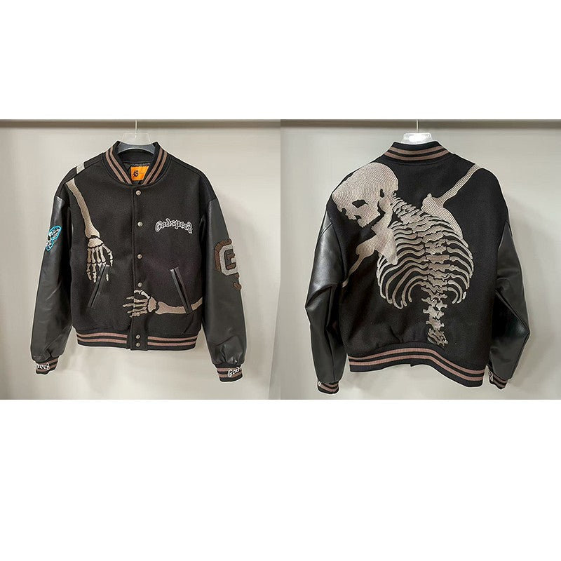 Real Photo GOD SPEED Baseball Jacket American Vintage Patchwork Leather Sleeves Unisex Embroidery Skeleton Jacket Coats