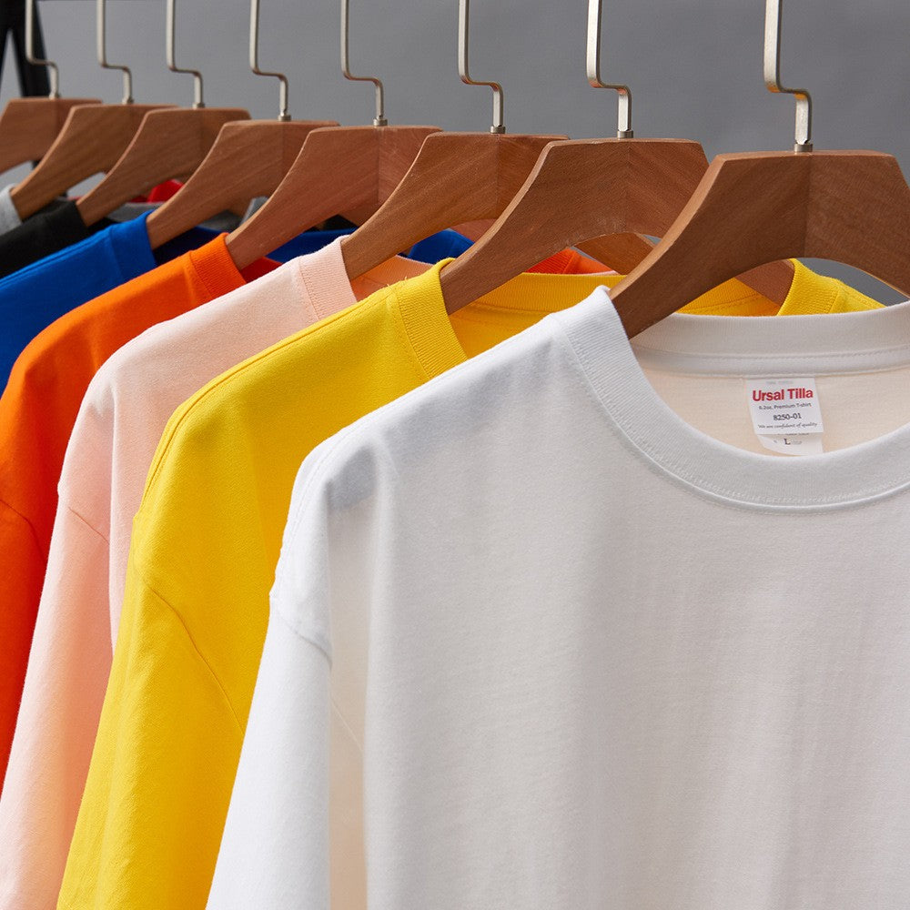 500/300g Heavy-duty White Pure Cotton T-shirt Thickened Threaded Round Neck Short Sleeves Three Needle Half Sleeve Tees