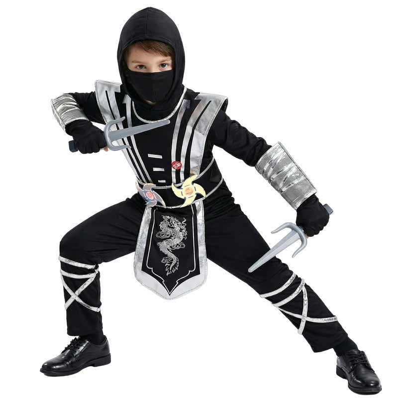 Children's Silver Dragon Ninja Costume Cartoon Masked Warrior Performance Outfit Halloween Anime Roleplay Holiday Party Costume
