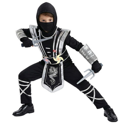 Children's Silver Dragon Ninja Costume Cartoon Masked Warrior Performance Outfit Halloween Anime Roleplay Holiday Party Costume