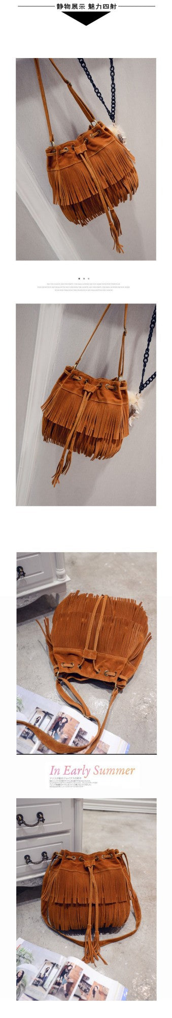 Fashion Retro Faux Suede Fringe Women Messenger Bags Tote New Handbag Tassel Shoulder Handbags Crossbody Bag Tassel Bucket