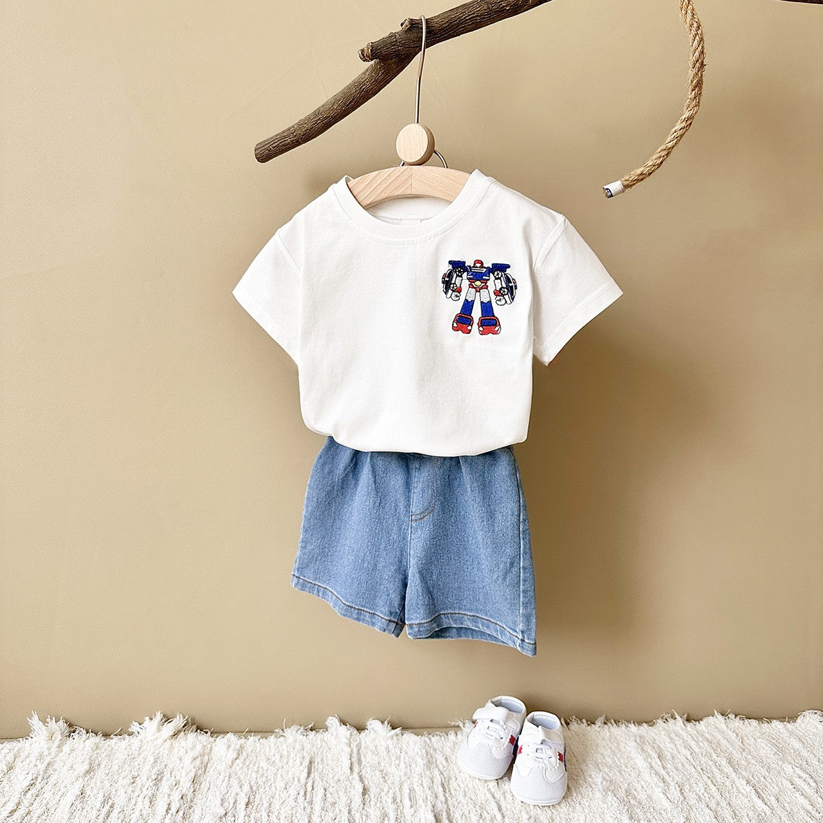 2025 Summer New Baby Clothes Infant Robot Embroidery Top+Bottom Set Baby Boys Girls Casual Baby Set Newborn Baby Clothes 2Pcs