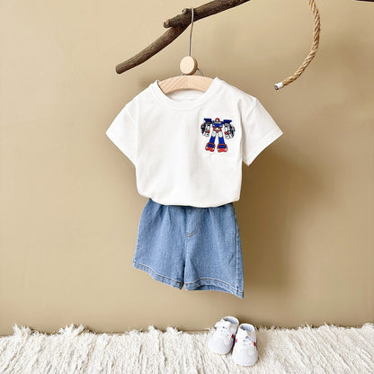 2025 Summer New Baby Clothes Infant Robot Embroidery Top+Bottom Set Baby Boys Girls Casual Baby Set Newborn Baby Clothes 2Pcs