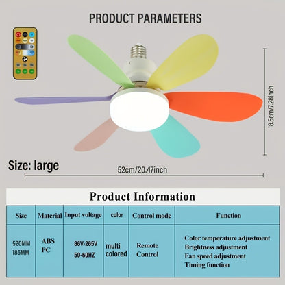 LED smart ceiling fan light with remote control, timer, 6 fan blades, 3 speeds, adjustable brightness and color temperature