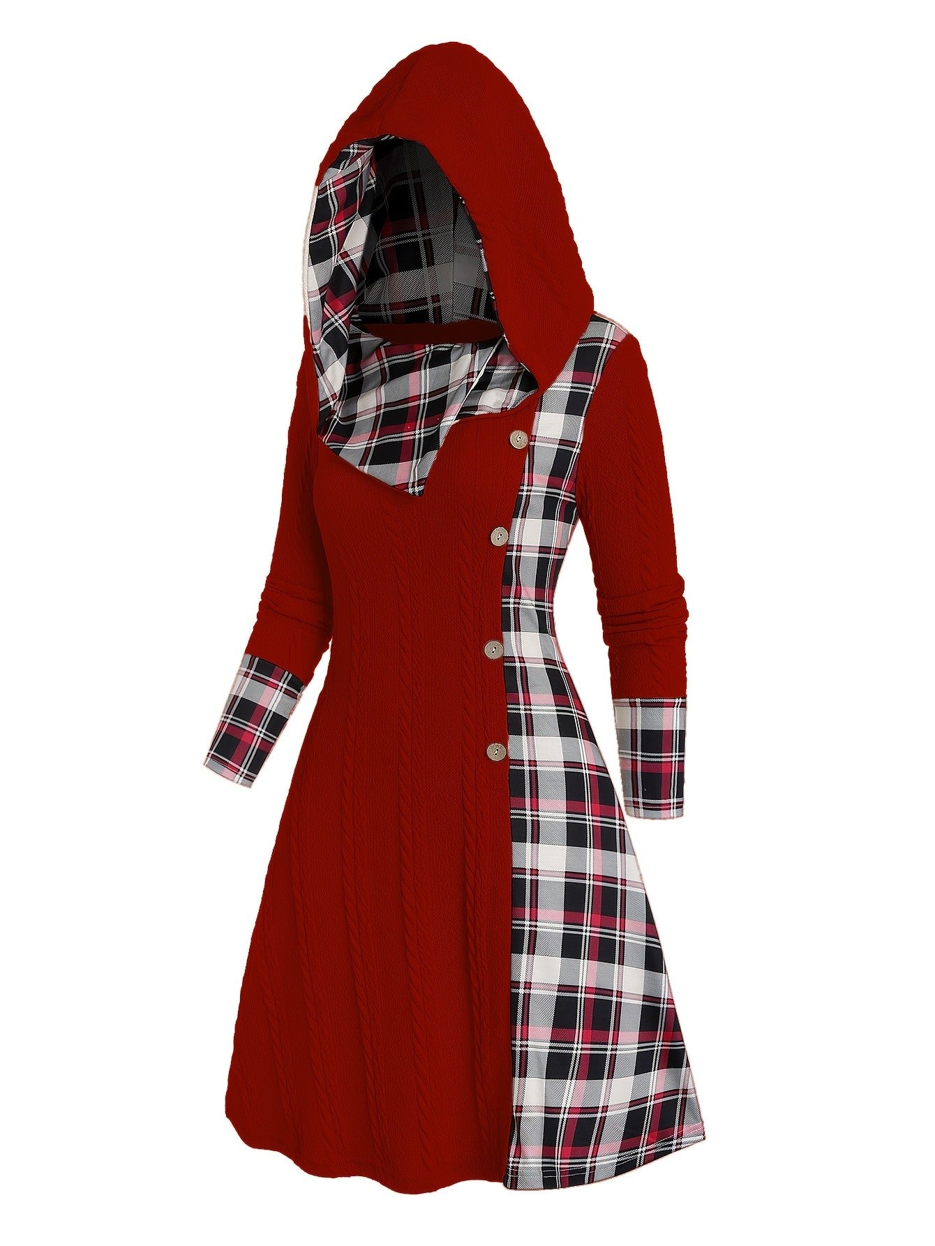 Knitted hooded dress plaid print stitching fake buckle high waist long sleeve A-line dress female