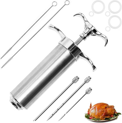 Kit Injetor de Carne Seringa Aço Inoxidável Kit Injetor de Marinada para Churrasco Cozinha Seringa Injetora de Peru com 3 Agulhas de Marinada Y213