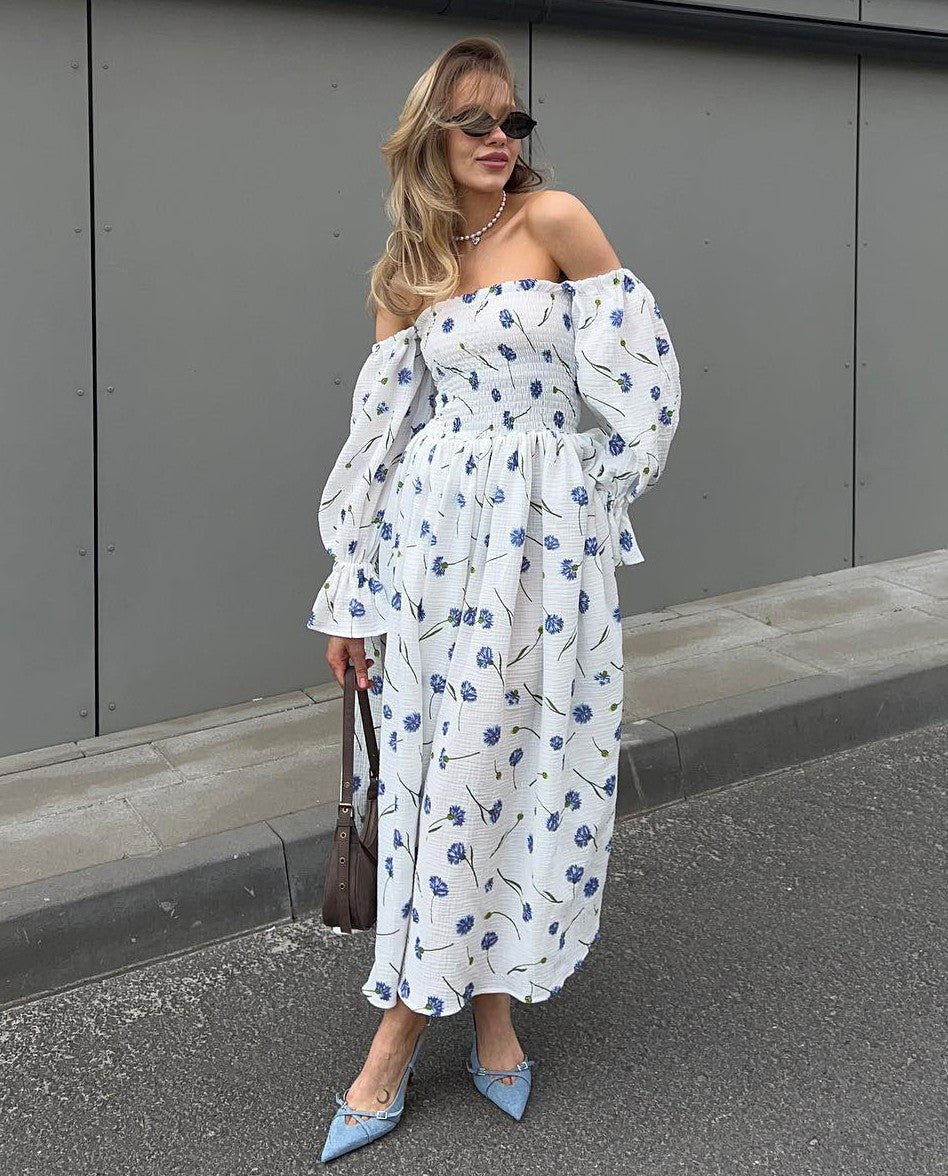 Women's Summer Cotton Dress 100% Elegant Ruffle Midi Floral Print Dress with Sid