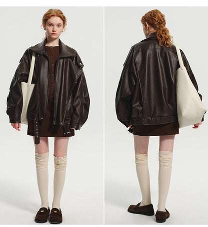 Lautaro Spring Autumn Cool Brown Oversized Pu Leather Jacket Women Long Sleeve Zip Up Luxury Designer American Retro Clothing