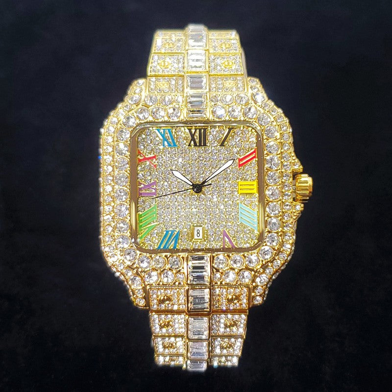 2025 New Luxury Diamond Watch Men Fashion Iced Out Square Colorful Number Watches Hip Hop Bling Jewelry Reloj Hombre for Party