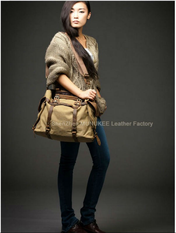 Vintage Military Canvas + Genuine Leather Men Shoulder Bag Sling Crossbody Bag Tote Handbag Men Canvas Messenger Bag  Leisure