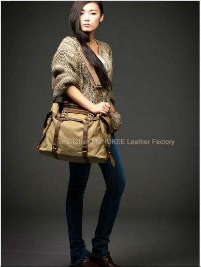 Vintage Military Canvas + Genuine Leather Men Shoulder Bag Sling Crossbody Bag Tote Handbag Men Canvas Messenger Bag  Leisure