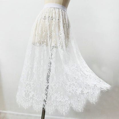 Fashion Transparent Sexy Lace Mesh Skirt Elegant 2 Length Midi Skirt Ladies Elastic High Waist Womens Skirt Ladies