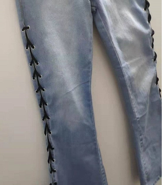 Stretch Braided Women Rope Flared Pants Denim Pants Ladies Push Up Trousers Bell Bottom Jeans Pants High Waist Free Shipping