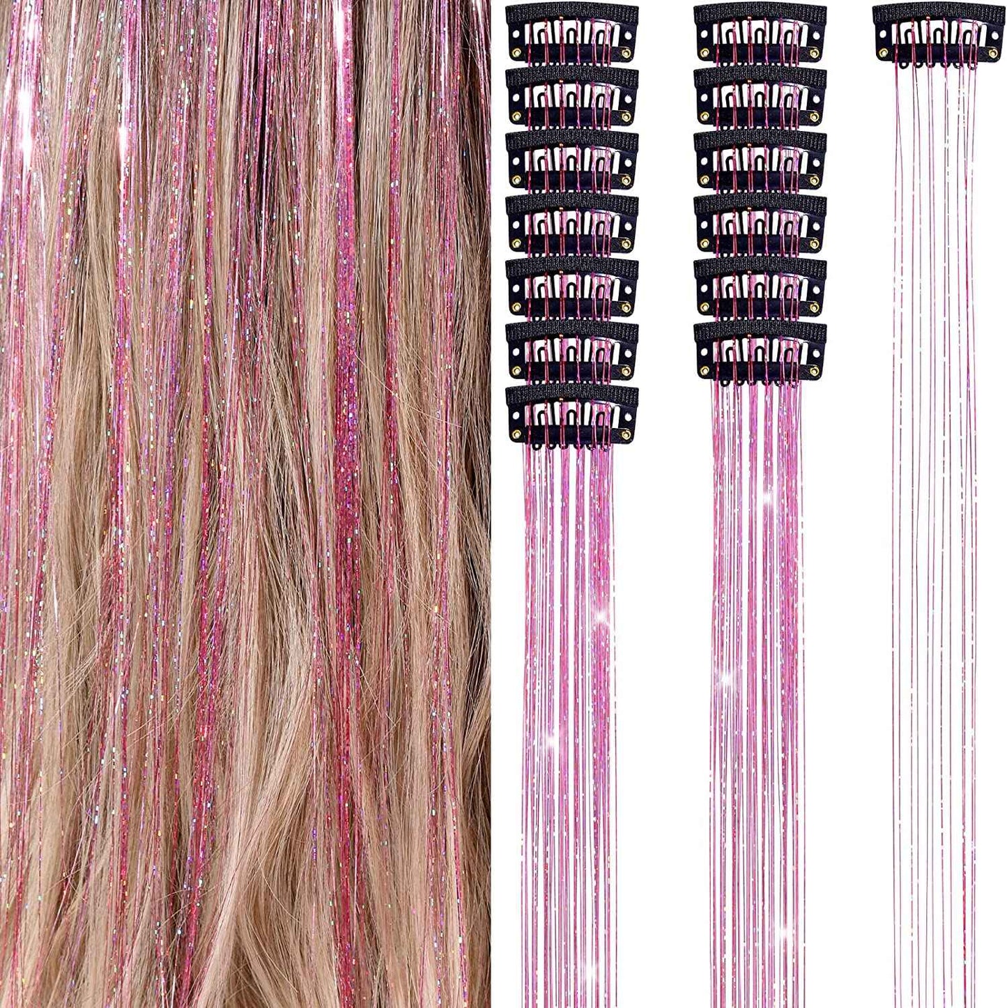 6 peças de extensões de cabelo brilhantes de 50 cm, extensões de cabelo sintéticas, presilhas de cabelo para trançar, chapéus femininos