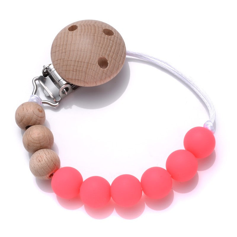 Handmade Beech Wood Baby Pacifier Chain Round Silicone Beads Infant Appease Soother Clips Anti-Drop Dummy Holder Nipple Clip