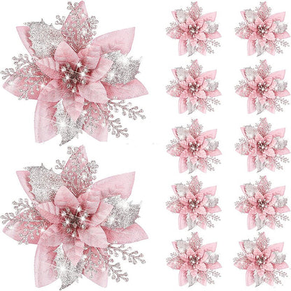 5pcs 14.5cm Glitter Artifical Christmas Flowers Mreey Christmas Tree Decoration Happy New Year Ornaments Xmas Fake Flowers natal