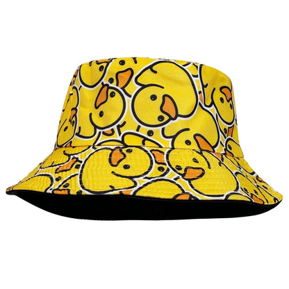 Fashionable Full-Print Duck Casual Bucket Hat, Cartoon Print Pattern Hat, Reversible Foldable Lightweight Design Flat-Top Hat, Unisex Casual Sun Hat, Suitable for Beach Vacations and Outdoor Leisure Activities