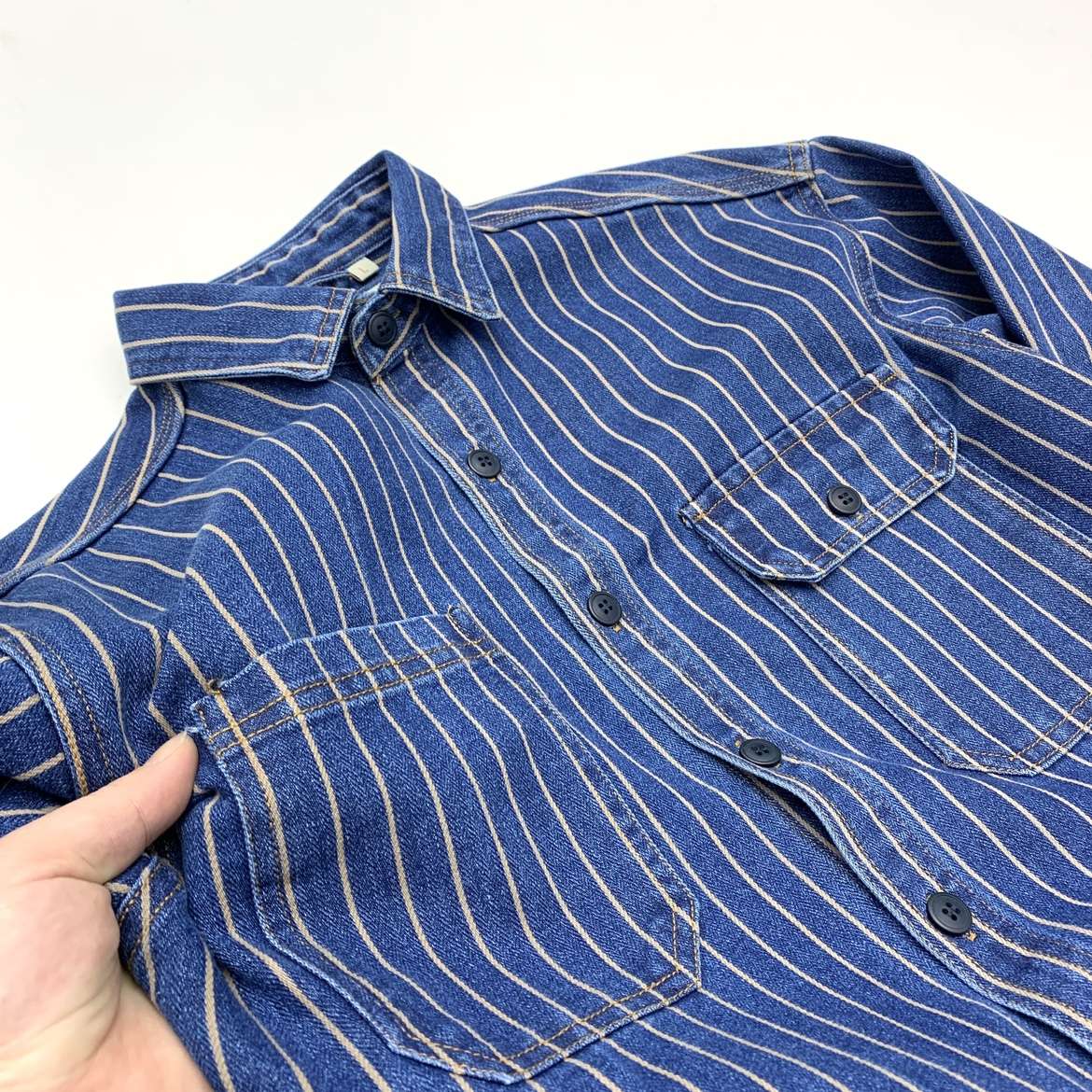 Heavy wash to make old striped shirt men's heavy chunky cargo denim jacket Autumn vintage Amei khaki coat