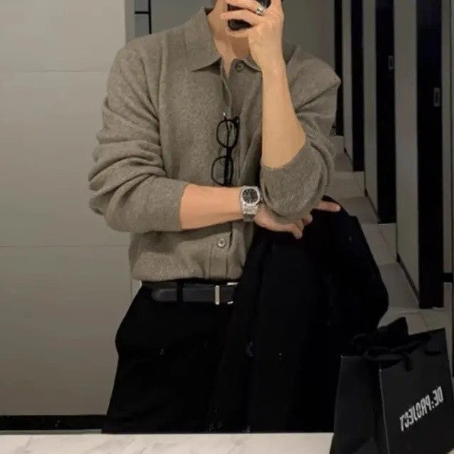 Early Autumn Casual Men's Knitted Cardigan Green Collar Open Front Sweater Trendy Korean Style Dongdaemun Fashion Streetwear